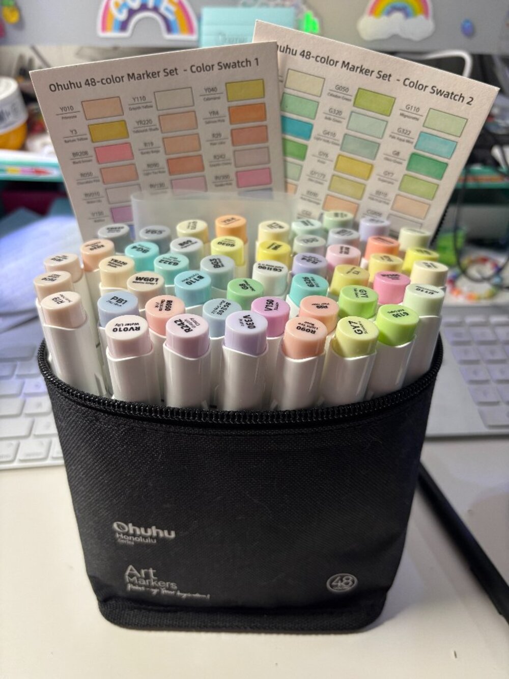 Ohuhu Alcohol Markers 48 "Honolulu" Series Pastel Colors Brush & Fine